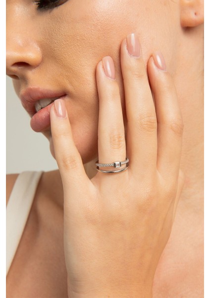 Kadın Ince Birleşik Çift Halka Kare Baget Zirkon Taşlı Çelik Gümüş Kaplama Ayarlanabilir Yüzük