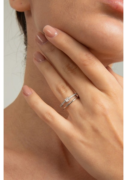 Kadın Ince Birleşik Çift Halka Kare Baget Zirkon Taşlı Çelik Gümüş Kaplama Ayarlanabilir Yüzük modelleri