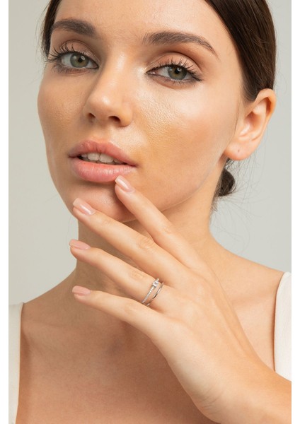 Kadın Ince Birleşik Çift Halka Kare Baget Zirkon Taşlı Çelik Gümüş Kaplama Ayarlanabilir Yüzük indirimleri