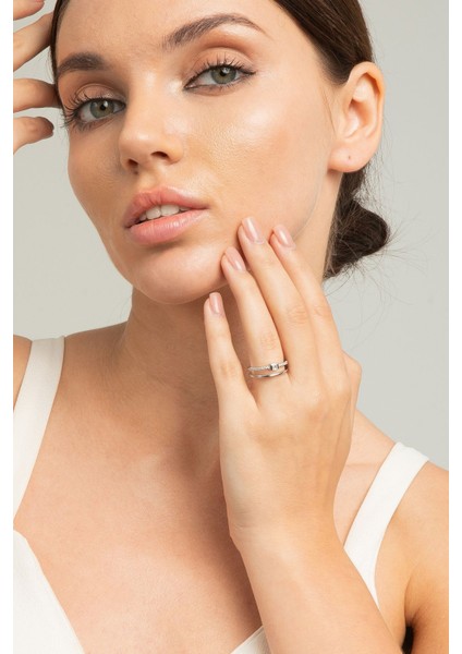 Kadın Ince Birleşik Çift Halka Kare Baget Zirkon Taşlı Çelik Gümüş Kaplama Ayarlanabilir Yüzük