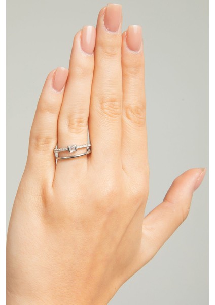 Kadın Ince Birleşik Çift Halka Kare Baget Zirkon Taşlı Çelik Gümüş Kaplama Ayarlanabilir Yüzük