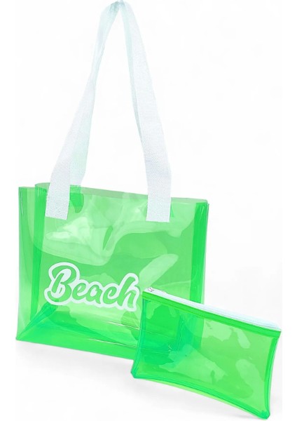 Plaj Çantası ve Cüzdanı Beach Baskılı Şeffaf Büyük Boy
