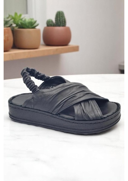 D25YS-2585 Siyah Hakiki Deri Tam Ortopedik Kadın Günlük Sandalet