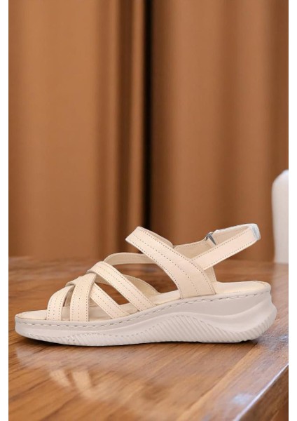 D25YS-2265 Krem Renk Hakiki Deri Tam Ortopedik Günlük Kadın Sandalet modelleri