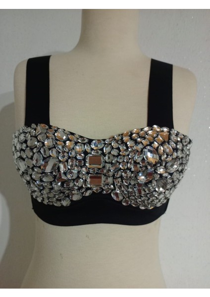 Kristal Taş Işlemeli Geceler ve Partiler Için Push Up dolgulu crop