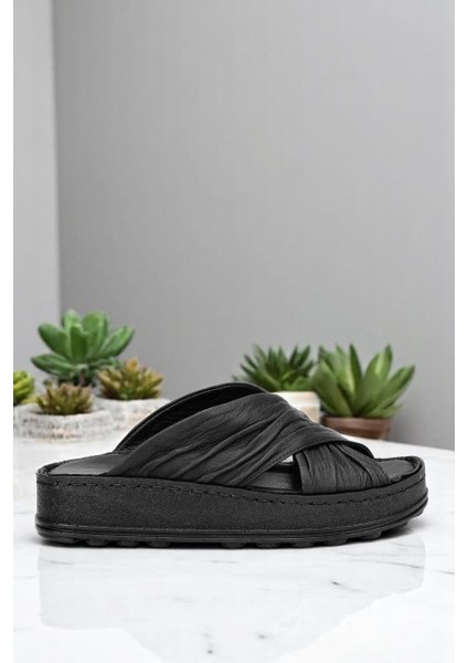 D25YT-1430 Siyah Hakiki Deri Tam Ortopedik Günlük Kadın Terlik