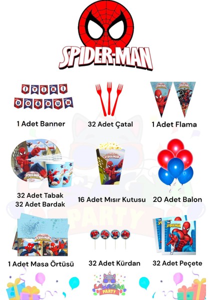 Spider-Man 32 Kişilik Lüks Doğum Günü Parti Seti fiyatları