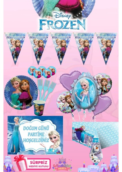 Frozen Elsa 16 Kişilik Sürpriz Hediye Kutulu ve Afiş'li Doğum Günü Parti Malzemeleri Seti