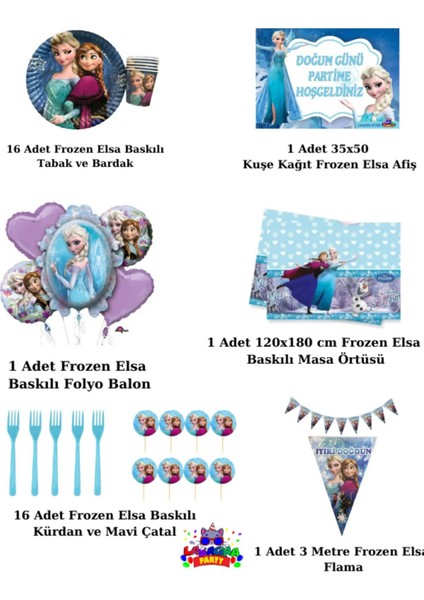 Frozen Elsa 16 Kişilik Sürpriz Hediye Kutulu ve Afiş'li Doğum Günü Parti Malzemeleri Seti fiyatları