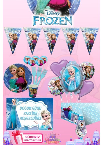 Frozen Elsa 8 Kişilik Sürpriz Hediye Kutulu ve Afiş'li Doğum Günü Parti Malzemeleri Seti