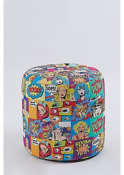 Pop Art Desenli 40*40 Yuvarlak Puf
