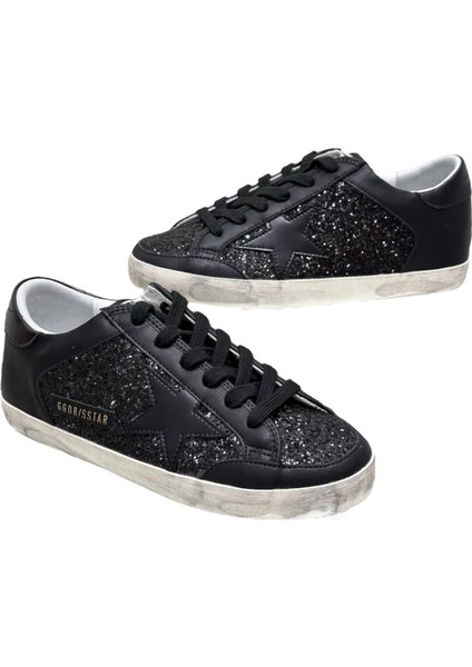 Women's Golden Goose Super-Star In Black Nappa And Glitter With Glossy Black leather star - Kadın Ayakkabı