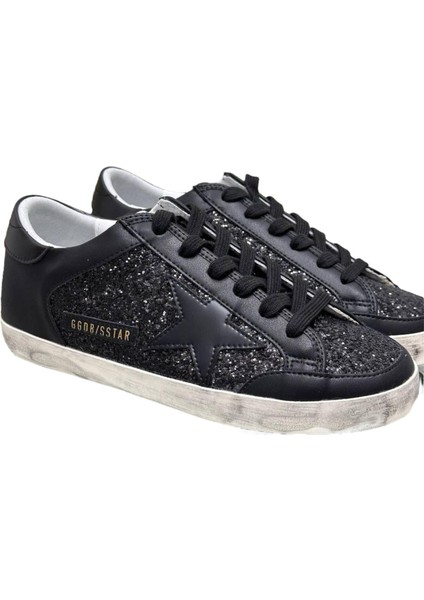 Women's Golden Goose Super-Star In Black Nappa And Glitter With Glossy Black leather star - Kadın Ayakkabı fiyatları