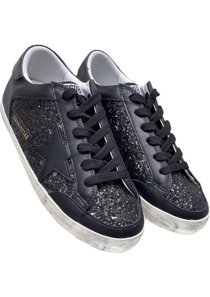 Women's Golden Goose Super-Star In Black Nappa And Glitter With Glossy Black leather star - Kadın Ayakkabı modelleri