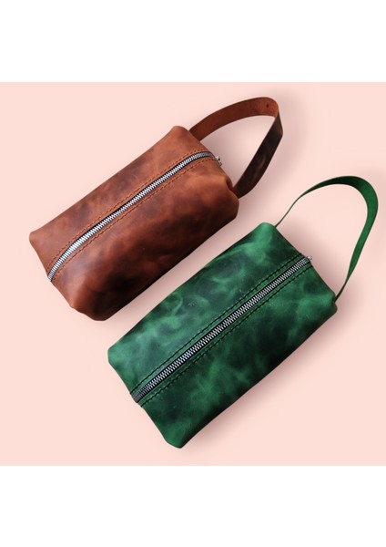 El Yapımı Hakiki Deri Dopp Kit El Çanta