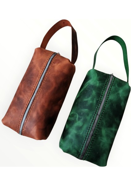 El Yapımı Hakiki Deri Dopp Kit El Çanta