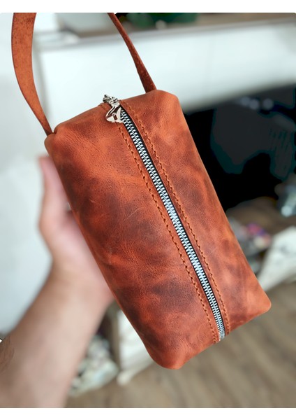 El Yapımı Hakiki Deri Dopp Kit El Çanta