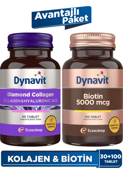 Diamond Collagen & Hyaluronic Acid 30 Tablet + Biotin 5000 mcg 100 Tablet - Avantajlı Paket