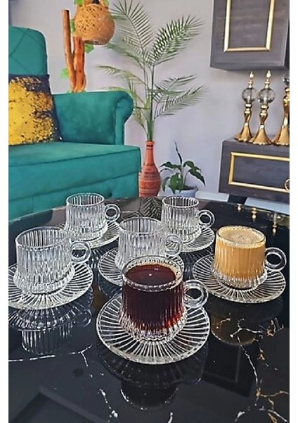 12 Parça Cam Kahve Fincan Seti Origami Çizgili Desenli Fincan Cam Tabaklı Çay Takımı 125CC fiyatları