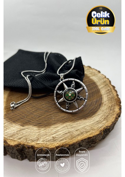 Paslanmaz Kararmaz Çelik Gümüş Rengi Pusulalı Halka Pentagram 316L Italyan Zincir Unisex Çelik Kolye modelleri