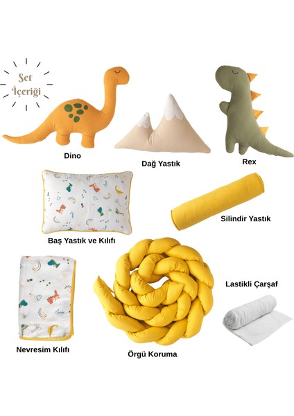 Dino Dinozor Temalı Uyku Seti – %100 Pamuk Müslin, Dino & Rex Yastıklı, Bebek ve Çocuk Odası Için
