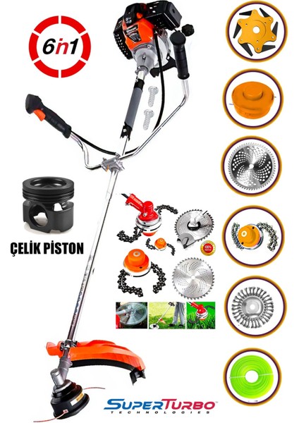 6ın1 6 Parça Fonksiyonlu Kömürsüz Seri Benzinli Yan Tip Tırpan Ot Biçme Tırpanı 20HPX Çelik Motor