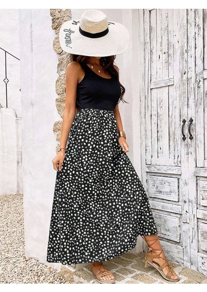 Kadın Askılı Yuvarlak Yaka Üst Viskon Alt Desenli Bürümcük Elbise