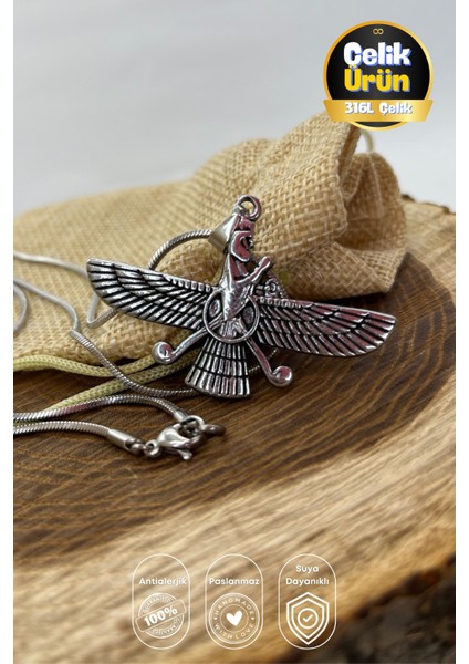Paslanmaz Çelik Madalyon Ahura Mazda Gümüş Rengi Parlak Kararmaz Çelik Kolye Unisex Kolye