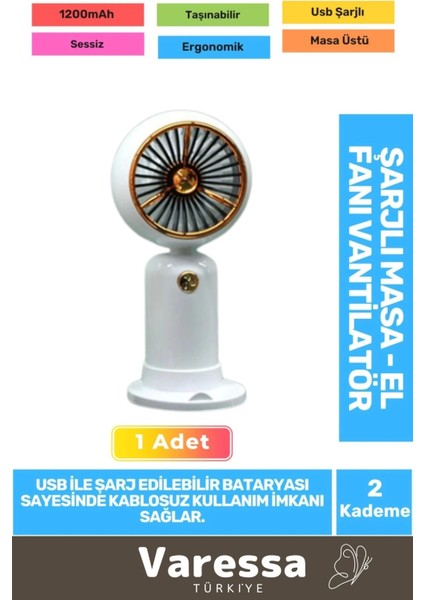 Özel Sessiz 2 Kademe Hafif Kablosuz 1200MAH Pervaneli Taşınabilir USB Şarjlı Masa El Fanı Vantilatör