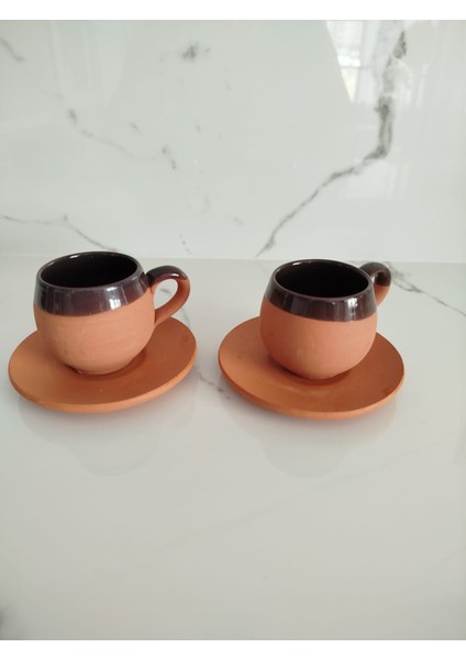 Toprak Yuvarlak Içi Sırlı Mor 2'li Kahve Fincan Takımı