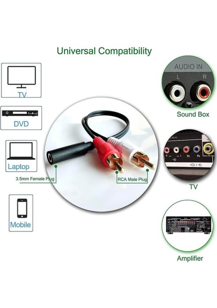 3.5mm Stereo Erkek To 2 Rca Dişi Tos Ses Kablosu - Aux Dönüştürücü Kablo - 30CM