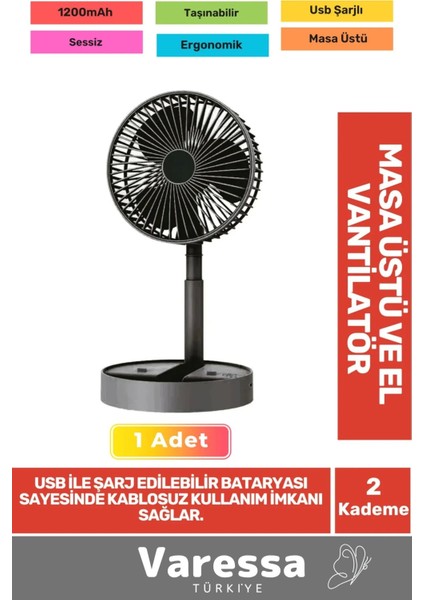 Özel Sessiz 3 Kademe Hafif Kablosuz 1200MAH Pervaneli Taşınabilir USB Şarjlı Masa El Fanı Vantilatör