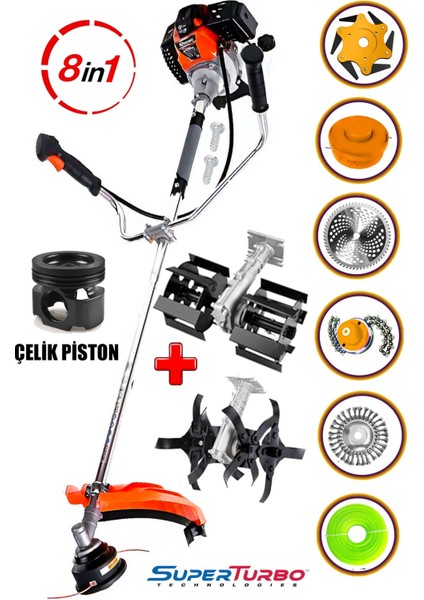 Alman 20HPX Benzinli Yan Tırpan Ot Çalı Biçme Toprak Çapalama Makinesi 2 Çapa Başlıklı 8 Parça Set