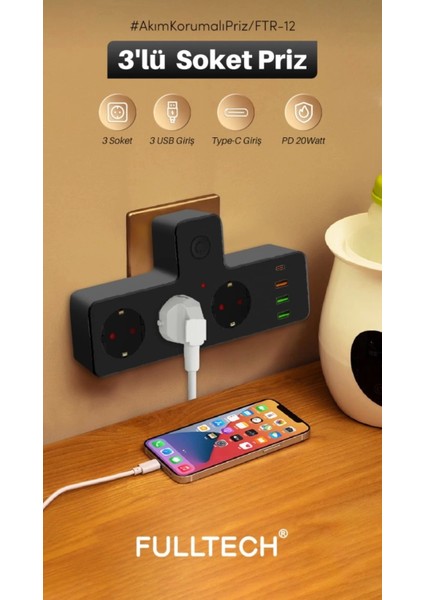 Bfs Termal Akım Korumalı Isıya Dayanıklı 3 Lü Priz 3x USB 1x Type-C.gzpmi