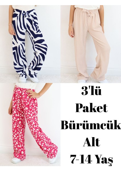 Kız Çocuk Bürümcük Kumaş Bol Paça Rahat Model Tek Alt (3'lü Paket)