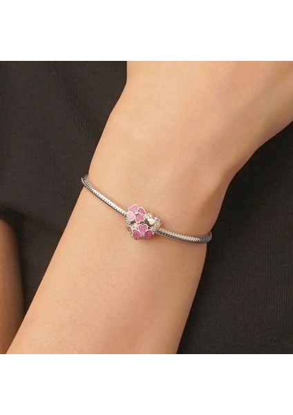 Pembe Dört Yapraklı Yonca Işlemeli Kalp Charm, 925 Ayar Gümüş modelleri