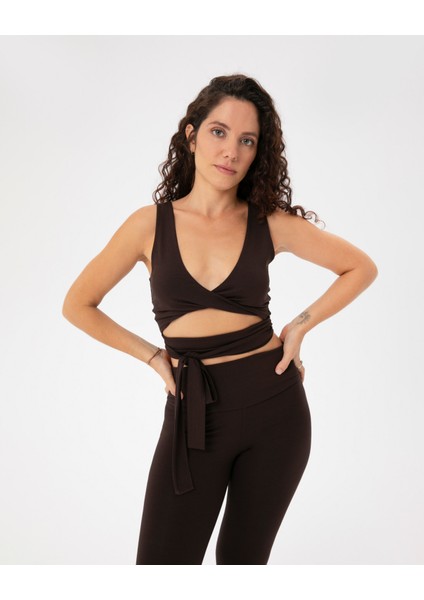 Kahverengi EcoVero Viskoz, Kadın Önü Burgulu Belden Bağlamalı Göğüs Pedli Spor Pilates Yoga Büstiyer