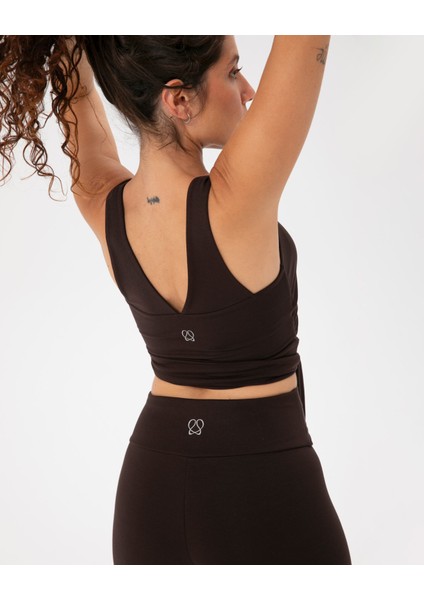 Kahverengi EcoVero Viskoz, Kadın Önü Burgulu Belden Bağlamalı Göğüs Pedli Spor Pilates Yoga Büstiyer modelleri