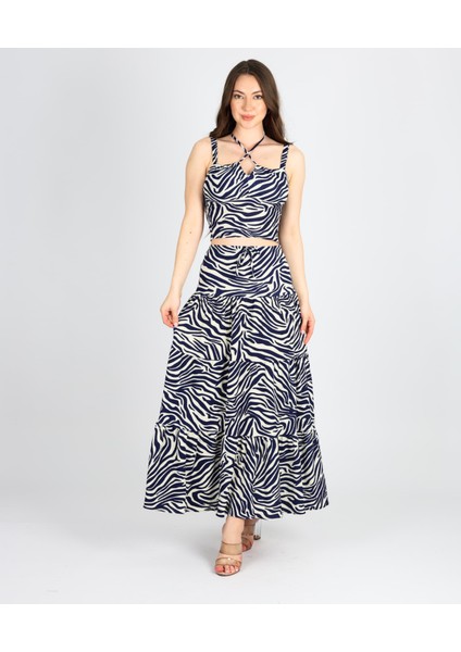 Zebra Desenli Bol Dökümlü Etek-Crop Ikili Şıktakım