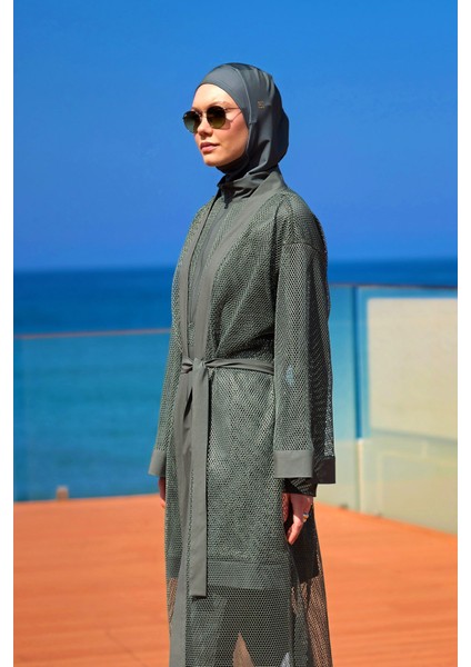 Haki Tül Kimono – Doğal Tonlarda Tesettür Plaj Pareosu | Tam Boy P2501-3