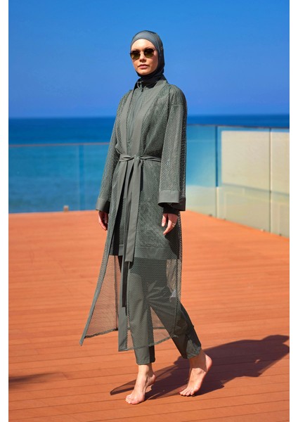 Haki Tül Kimono – Doğal Tonlarda Tesettür Plaj Pareosu | Tam Boy P2501-3