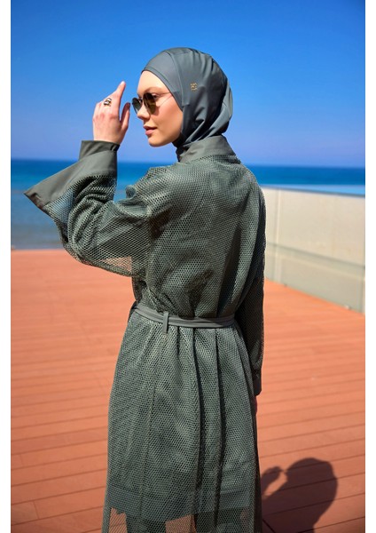 Haki Tül Kimono – Doğal Tonlarda Tesettür Plaj Pareosu | Tam Boy P2501-3