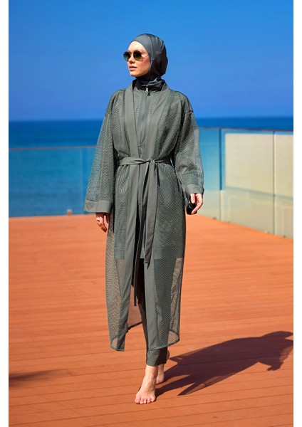 Haki Tül Kimono – Doğal Tonlarda Tesettür Plaj Pareosu | Tam Boy P2501-3