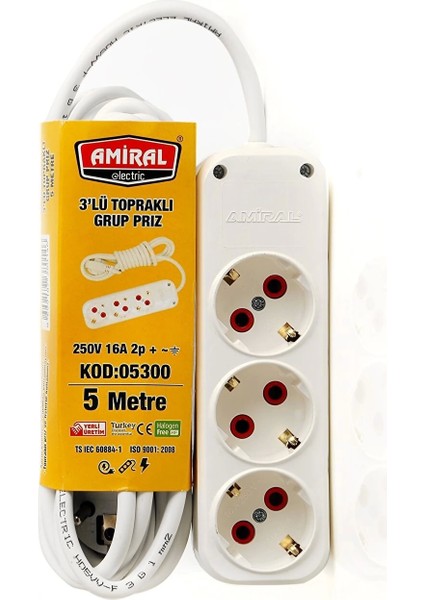Amiral 3' Lü Topraklı 5 Metre Kablolu Grup Priz.gzpmi