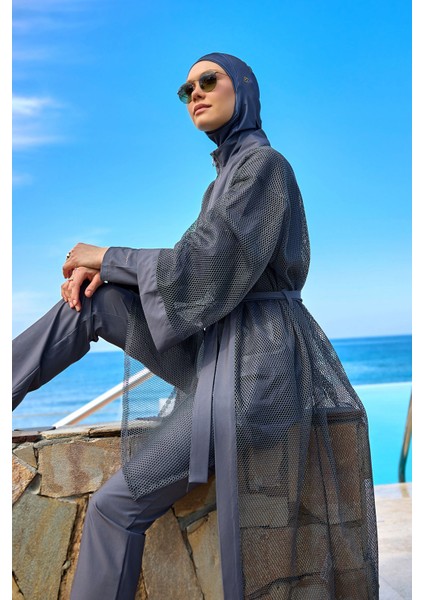 Füme Tül Kimono – Tam Boy Tesettür Plaj Pareosu P2501-5