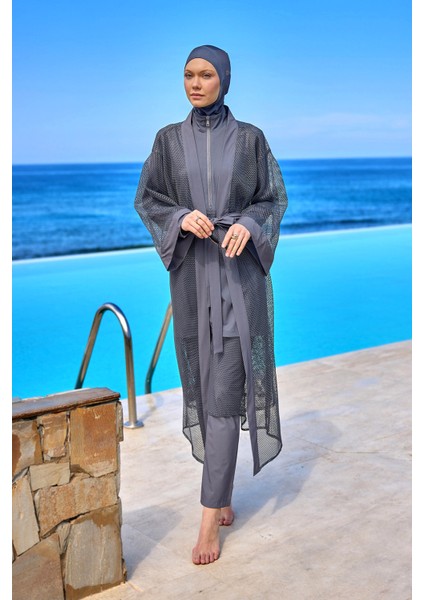 Füme Tül Kimono – Tam Boy Tesettür Plaj Pareosu P2501-5