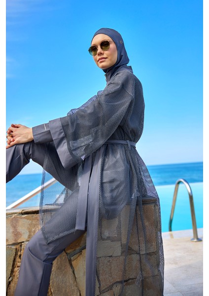 Füme Tül Kimono – Tam Boy Tesettür Plaj Pareosu P2501-5
