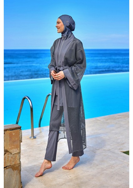 Füme Tül Kimono – Tam Boy Tesettür Plaj Pareosu P2501-5