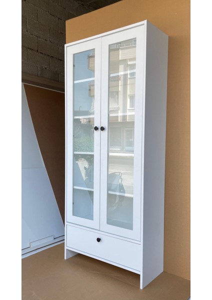 Cam Kapaklı Beyaz Çok Amaçlı Kitaplık Dolap – Çekmeceli Modern Raflı Vitrin modelleri