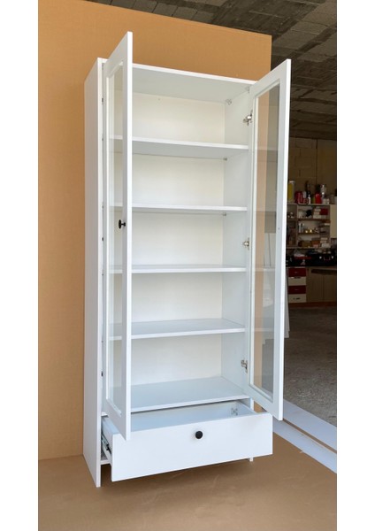 Cam Kapaklı Beyaz Çok Amaçlı Kitaplık Dolap – Çekmeceli Modern Raflı Vitrin fırsatları